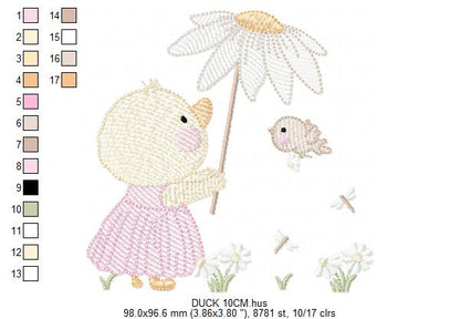 Duck with daisies embroidery design - Lake water animal with flowers machine embroidery pattern - Baby Girl file - Instant digital download pes jef