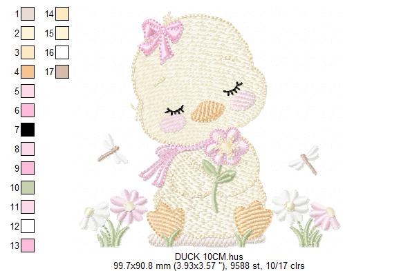 Duck with flowers embroidery design - Lake water animal with flowers and dragon-fly machine embroidery pattern - Baby Girl file - Instant digital download pes jef