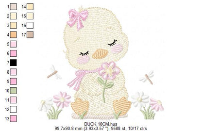 Duck with flowers embroidery design - Lake water animal with flowers and dragon-fly machine embroidery pattern - Baby Girl file - Instant digital download pes jef