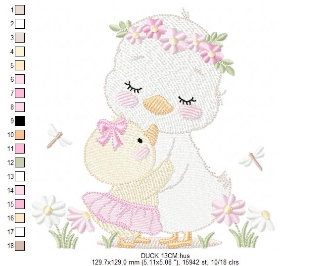 Mama Duck and Baby embroidery design - Lake water animal with flowers machine embroidery pattern - Baby boy file - Instant digital download pes jef