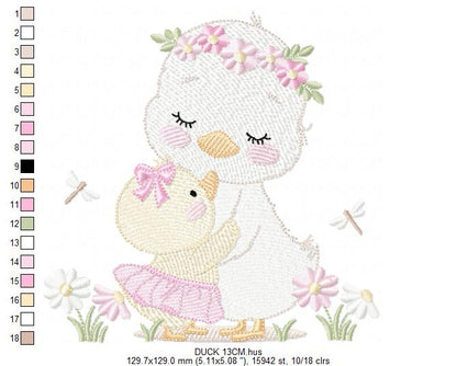 Mama Duck and Baby embroidery design - Lake water animal with flowers machine embroidery pattern - Baby boy file - Instant digital download pes jef