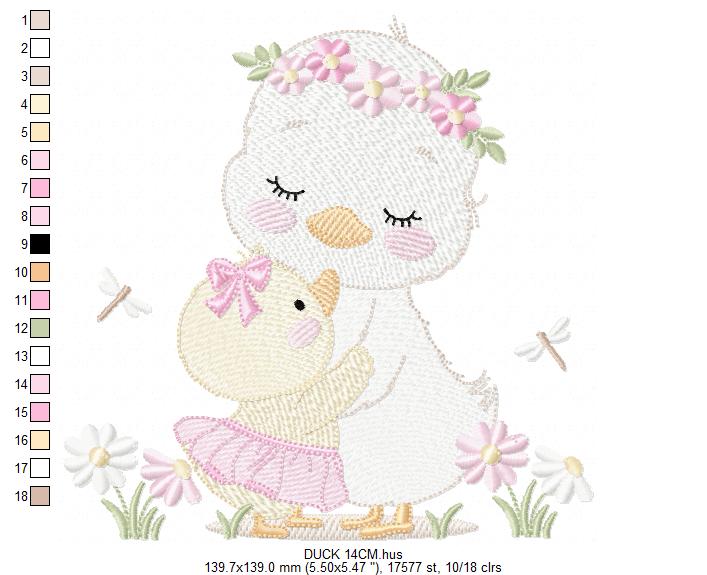 Mama Duck and Baby embroidery design - Lake water animal with flowers machine embroidery pattern - Baby boy file - Instant digital download pes jef