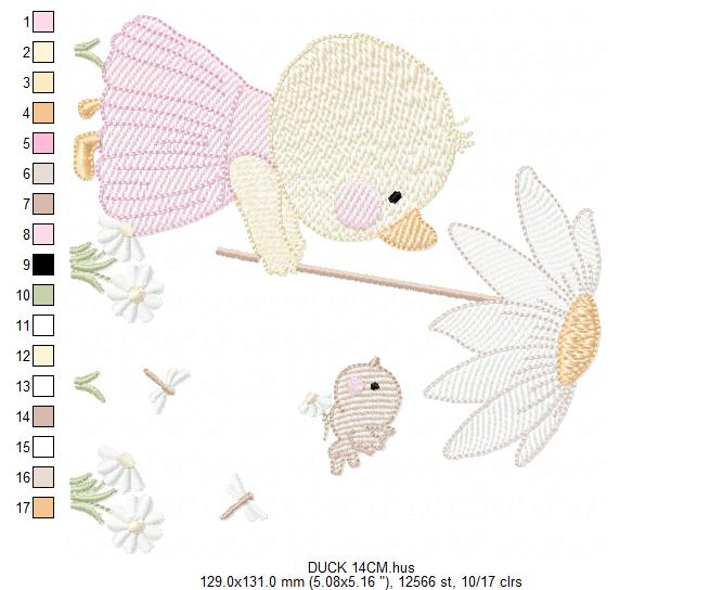 Duck with daisies embroidery design - Lake water animal with flowers machine embroidery pattern - Baby Girl file - Instant digital download pes jef