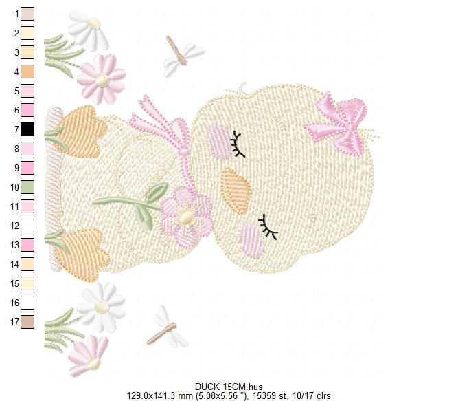 Duck with flowers embroidery design - Lake water animal with flowers and dragon-fly machine embroidery pattern - Baby Girl file - Instant digital download pes jef