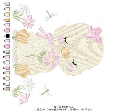 Duck with flowers embroidery design - Lake water animal with flowers and dragon-fly machine embroidery pattern - Baby Girl file - Instant digital download pes jef