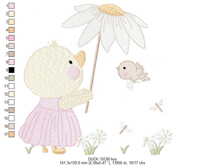 Duck with daisies embroidery design - Lake water animal with flowers machine embroidery pattern - Baby Girl file - Instant digital download pes jef