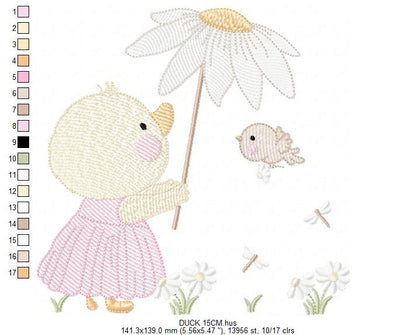 Duck with daisies embroidery design - Lake water animal with flowers machine embroidery pattern - Baby Girl file - Instant digital download pes jef