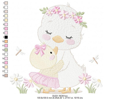 Mama Duck and Baby embroidery design - Lake water animal with flowers machine embroidery pattern - Baby boy file - Instant digital download pes jef