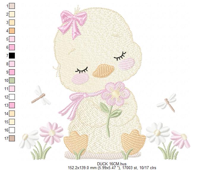 Duck with flowers embroidery design - Lake water animal with flowers and dragon-fly machine embroidery pattern - Baby Girl file - Instant digital download pes jef