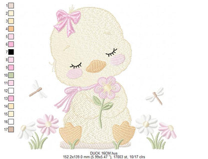 Duck with flowers embroidery design - Lake water animal with flowers and dragon-fly machine embroidery pattern - Baby Girl file - Instant digital download pes jef