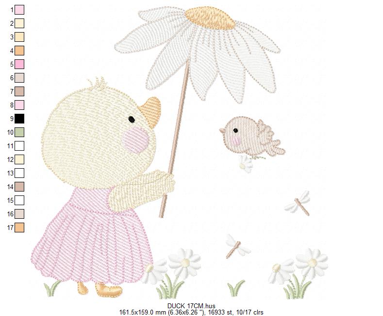 Duck with daisies embroidery design - Lake water animal with flowers machine embroidery pattern - Baby Girl file - Instant digital download pes jef