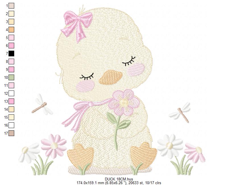 Duck with flowers embroidery design - Lake water animal with flowers and dragon-fly machine embroidery pattern - Baby Girl file - Instant digital download pes jef