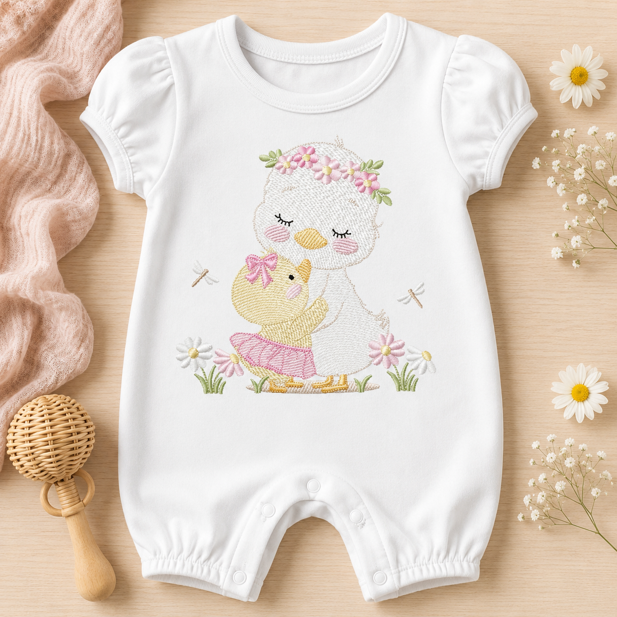 Mama Duck and Baby embroidery design - Lake water animal with flowers machine embroidery pattern - Baby boy file - Instant digital download pes jef