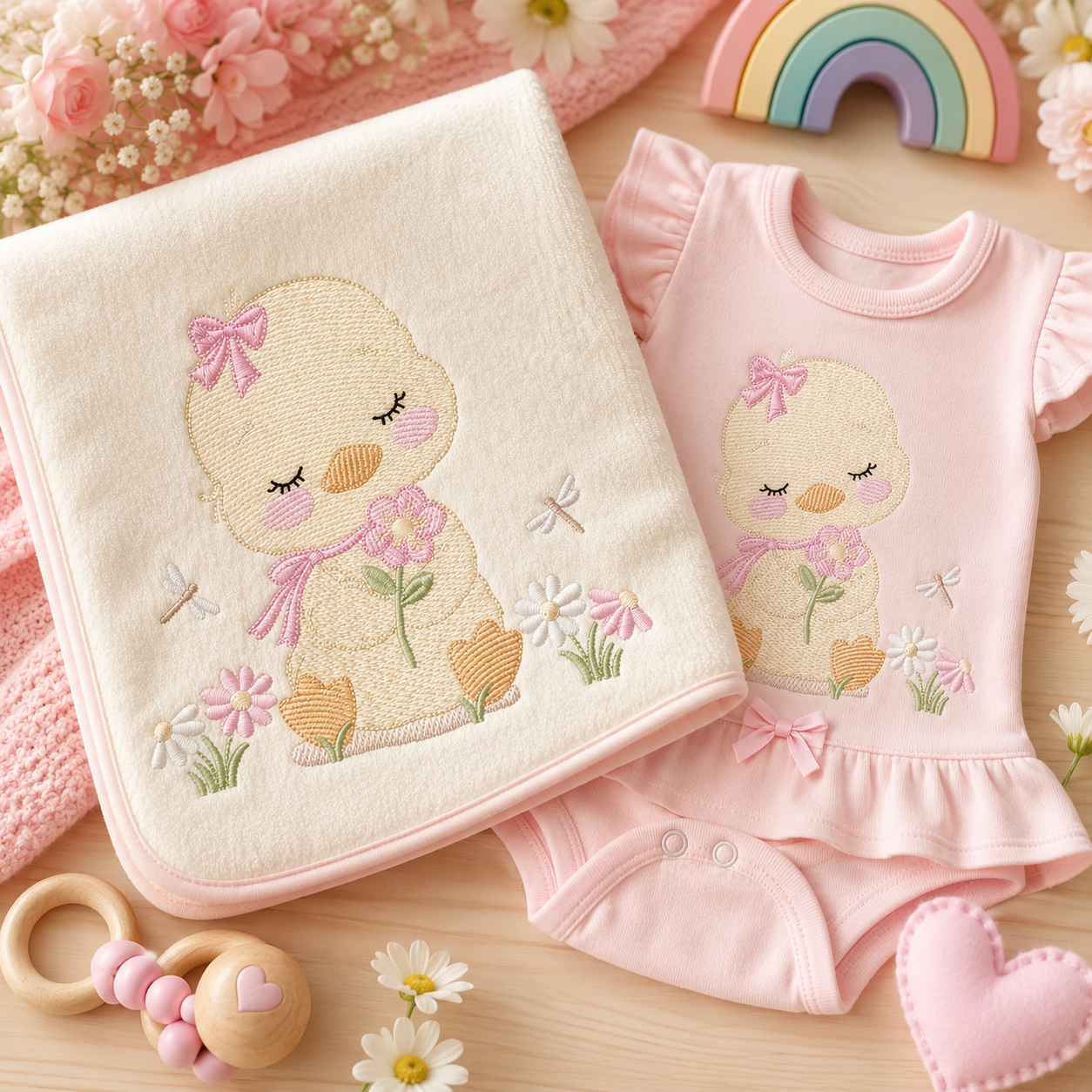 Duck with flowers embroidery design - Lake water animal with flowers and dragon-fly machine embroidery pattern - Baby Girl file - Instant digital download pes jef