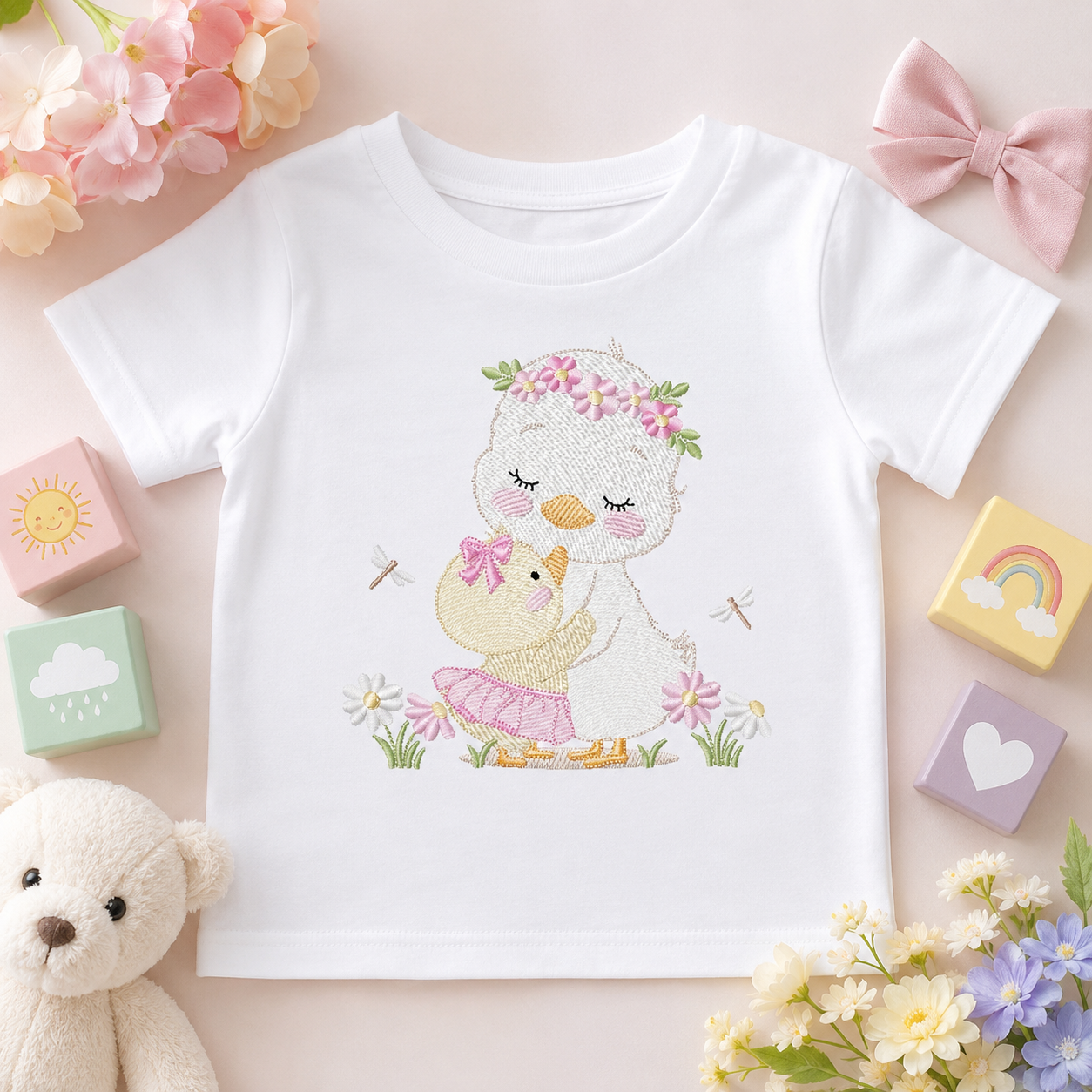 Mama Duck and Baby embroidery design - Lake water animal with flowers machine embroidery pattern - Baby boy file - Instant digital download pes jef