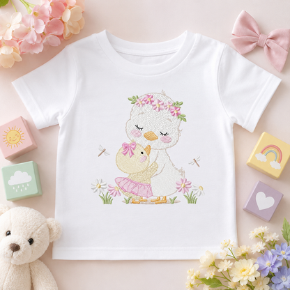 Mama Duck and Baby embroidery design - Lake water animal with flowers machine embroidery pattern - Baby boy file - Instant digital download pes jef
