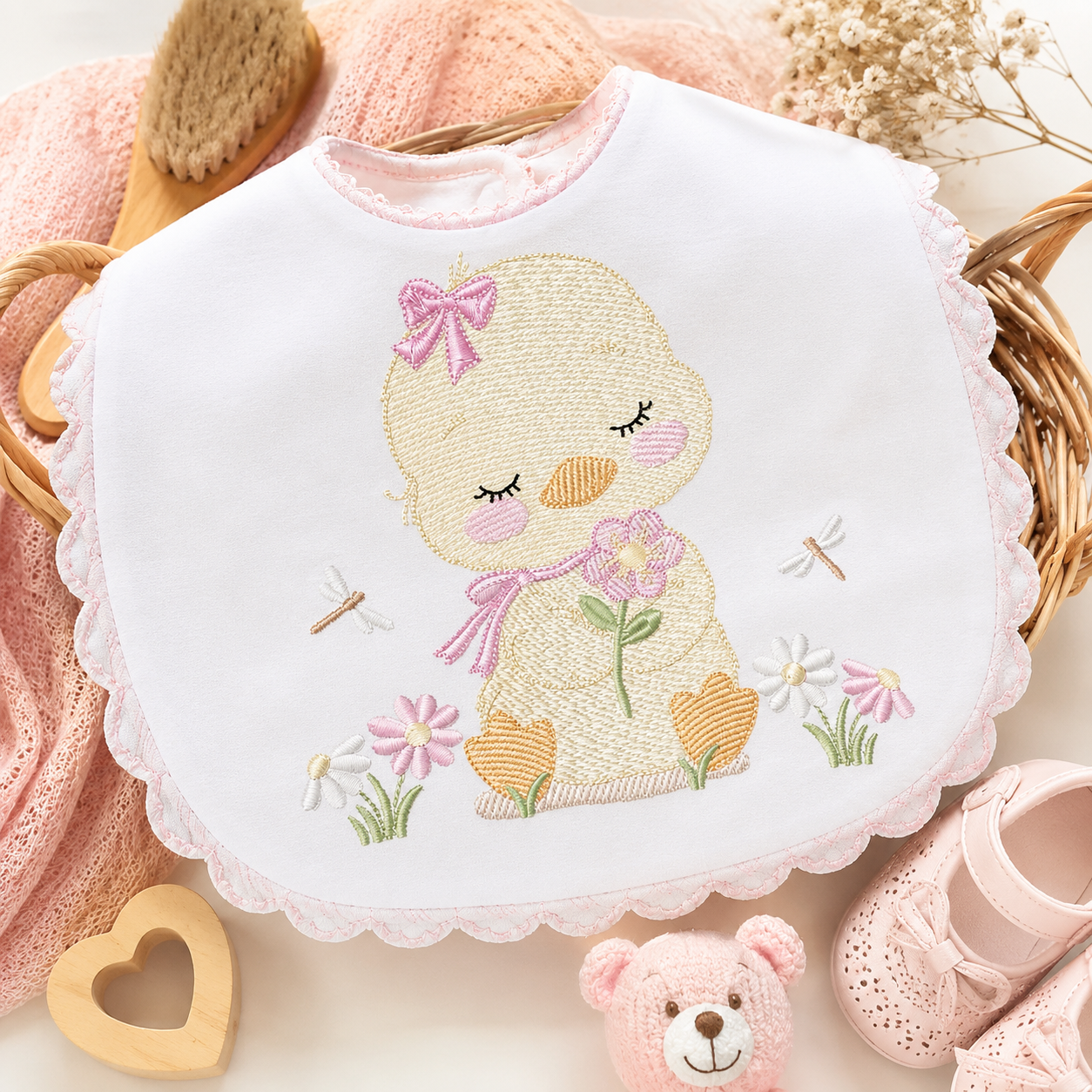 Duck with flowers embroidery design - Lake water animal with flowers and dragon-fly machine embroidery pattern - Baby Girl file - Instant digital download pes jef