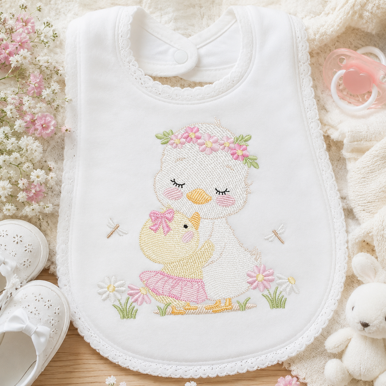 Mama Duck and Baby embroidery design - Lake water animal with flowers machine embroidery pattern - Baby boy file - Instant digital download pes jef