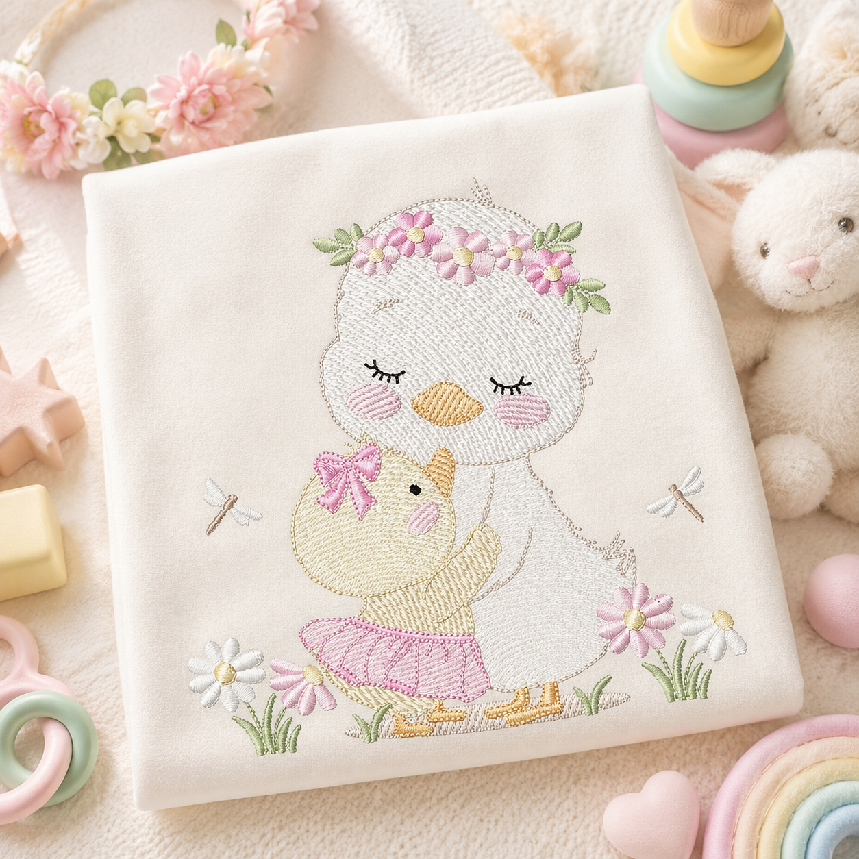Mama Duck and Baby embroidery design - Lake water animal with flowers machine embroidery pattern - Baby boy file - Instant digital download pes jef