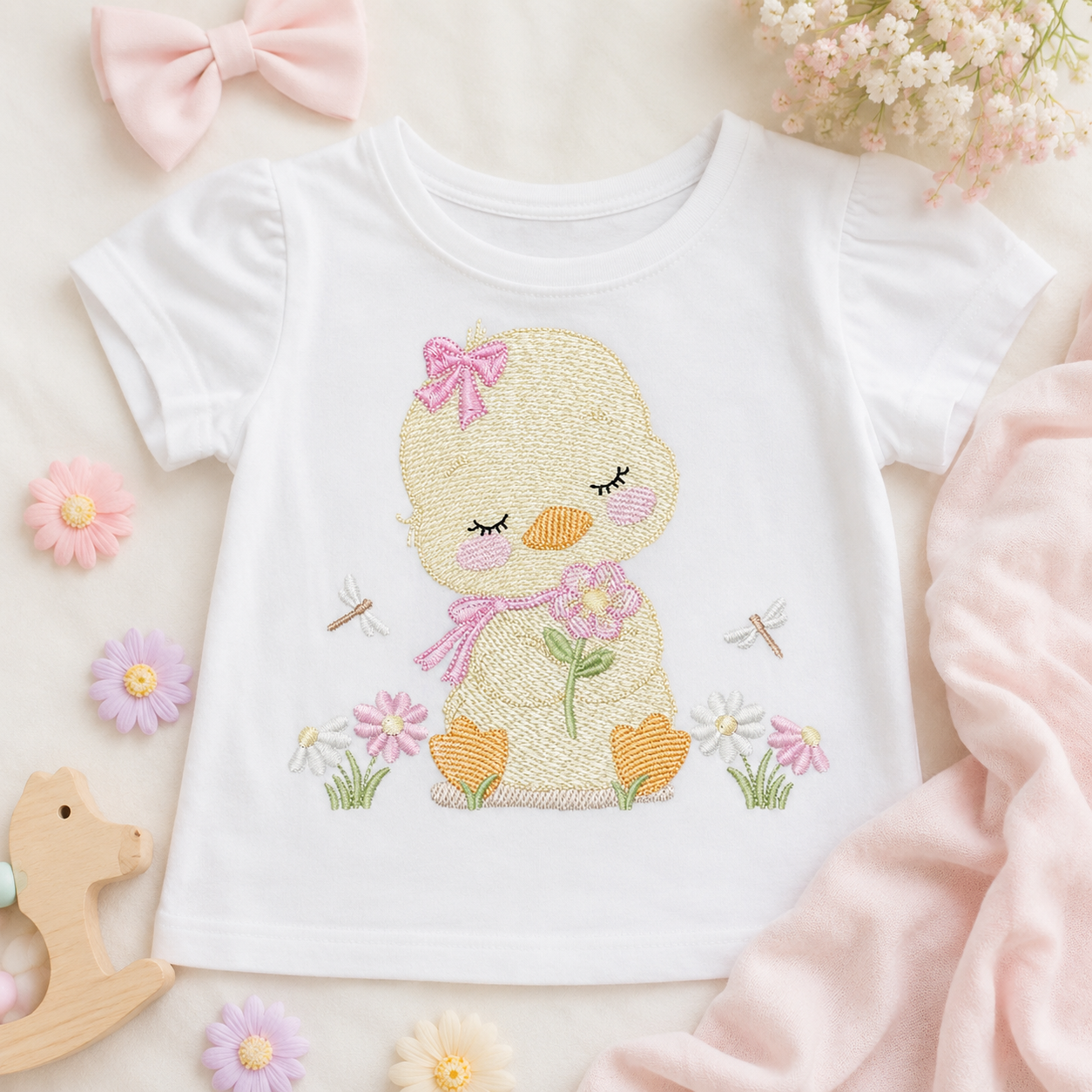 Duck with flowers embroidery design - Lake water animal with flowers and dragon-fly machine embroidery pattern - Baby Girl file - Instant digital download pes jef