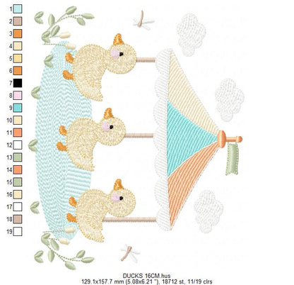 Baby Ducks embroidery design - Lake water animal with flowers machine embroidery pattern - Baby boy and girl file - Instant digital download pes jef
