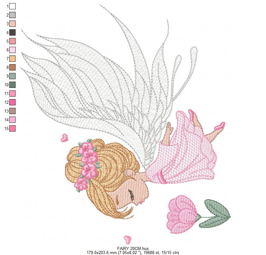 Fairy with curly hair and flower embroidery designs - Baby girl with wings and wand machine pattern - Magical Pixie - Instant download pes (Copy) Marcia Embroidery
