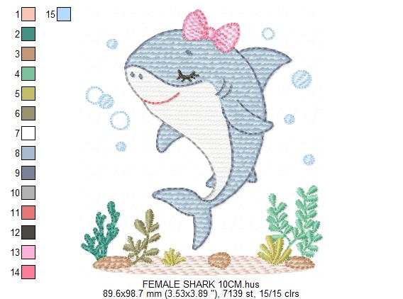 Shark embroidery design - Ocean animals machine pattern - Baby Girl Shark with algae bubbles and algae frame - Instant download pes jef dst
