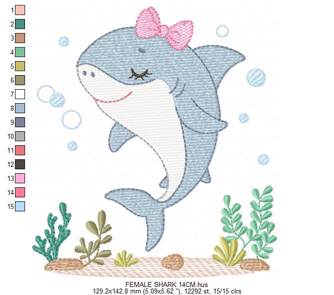 Shark embroidery design - Ocean animals machine pattern - Baby Girl Shark with algae bubbles and algae frame - Instant download pes jef dst