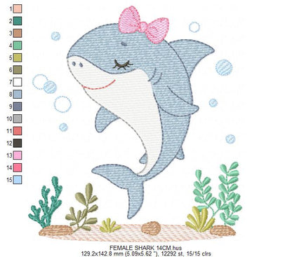 Shark embroidery design - Ocean animals machine pattern - Baby Girl Shark with algae bubbles and algae frame - Instant download pes jef dst