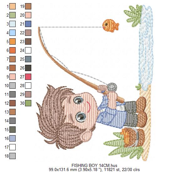 Baby boy fishing embroidery design - Fisherman boy machine embroidery pattern - Children toddler playing sun grass file - Instant download