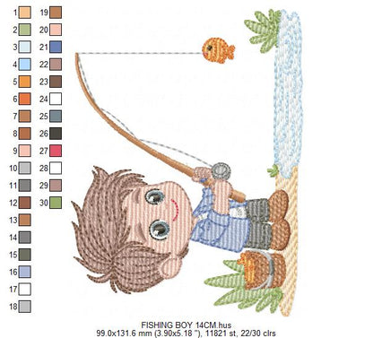 Baby boy fishing embroidery design - Fisherman boy machine embroidery pattern - Children toddler playing sun grass file - Instant download