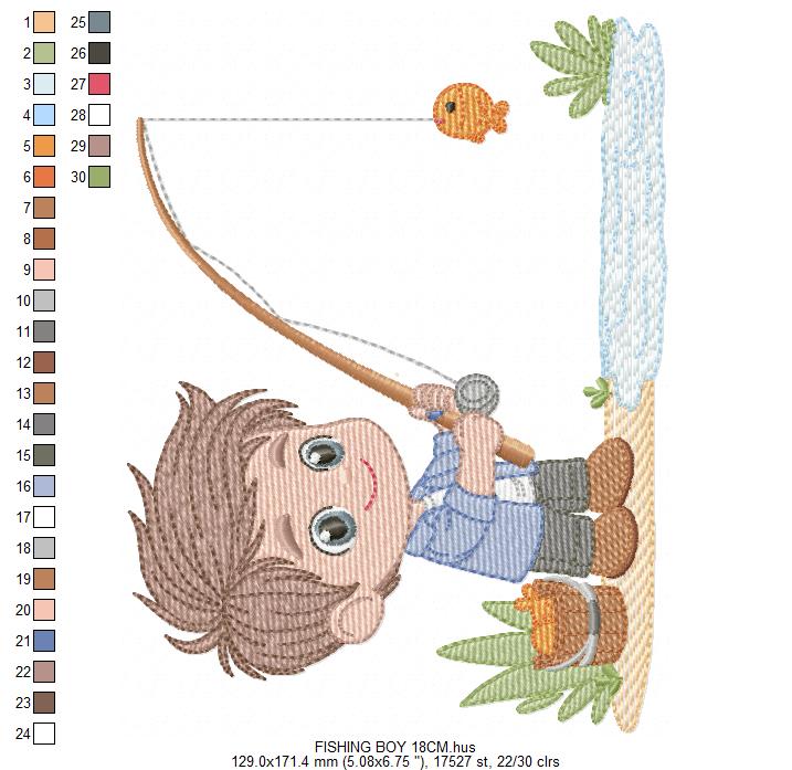 Baby boy fishing embroidery design - Fisherman boy machine embroidery pattern - Children toddler playing sun grass file - Instant download