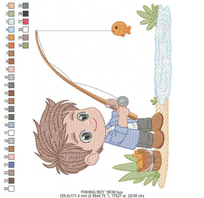 Baby boy fishing embroidery design - Fisherman boy machine embroidery pattern - Children toddler playing sun grass file - Instant download