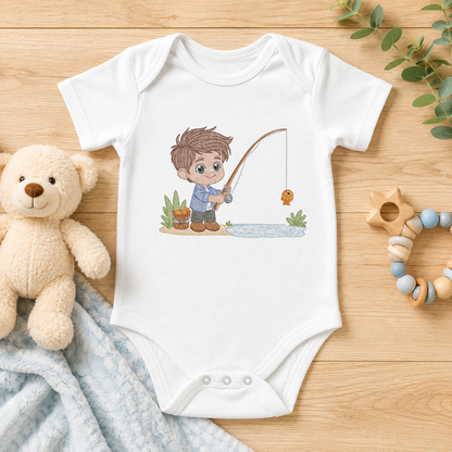Baby boy fishing embroidery design - Fisherman boy machine embroidery pattern - Children toddler playing sun grass file - Instant download