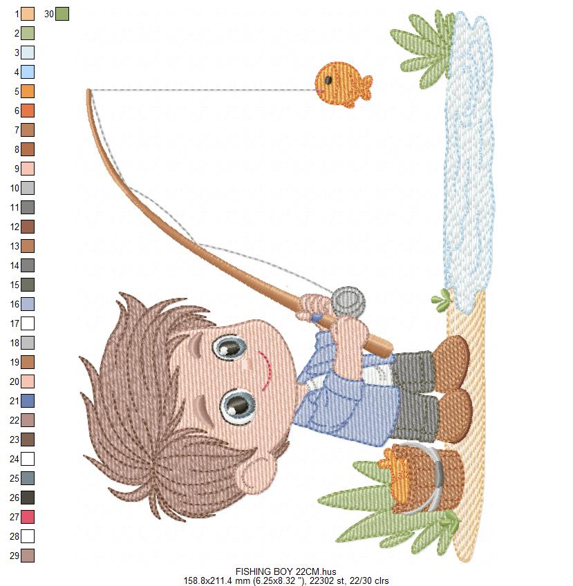 Baby boy fishing embroidery design - Fisherman boy machine embroidery pattern - Children toddler playing sun grass file - Instant download