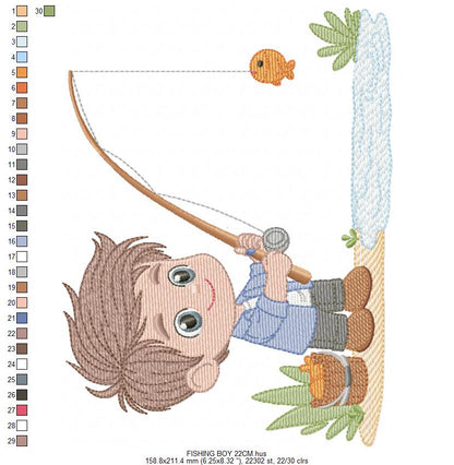 Baby boy fishing embroidery design - Fisherman boy machine embroidery pattern - Children toddler playing sun grass file - Instant download