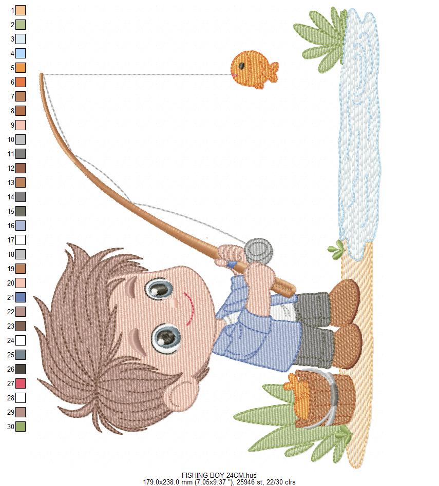 Baby boy fishing embroidery design - Fisherman boy machine embroidery pattern - Children toddler playing sun grass file - Instant download