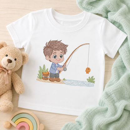 Baby boy fishing embroidery design - Fisherman boy machine embroidery pattern - Children toddler playing sun grass file - Instant download