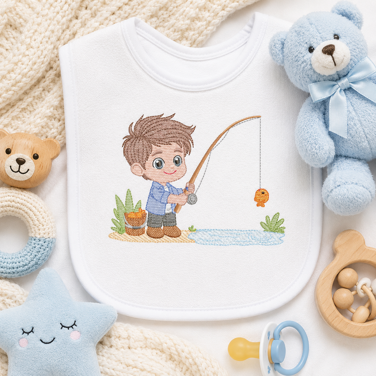 Baby boy fishing embroidery design - Fisherman boy machine embroidery pattern - Children toddler playing sun grass file - Instant download