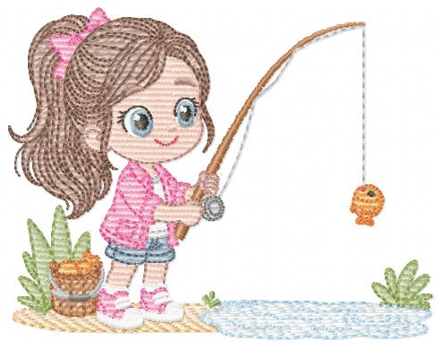 Baby girl fishing embroidery design - Fisherman girl machine embroidery pattern - Children toddler playing sun grass file - Instant download (Copy)