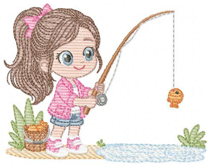 Baby girl fishing embroidery design - Fisherman girl machine embroidery pattern - Children toddler playing sun grass file - Instant download (Copy)