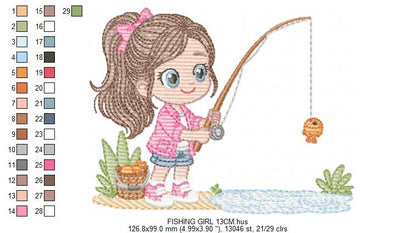 Baby girl fishing embroidery design - Fisherman girl machine embroidery pattern - Children toddler playing sun grass file - Instant download (Copy)
