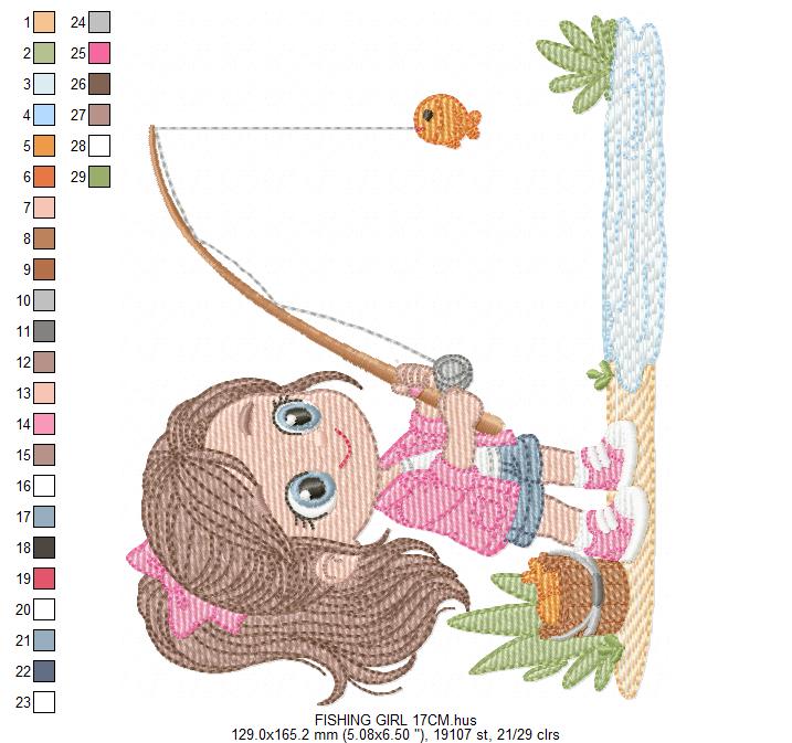 Baby girl fishing embroidery design - Fisherman girl machine embroidery pattern - Children toddler playing sun grass file - Instant download (Copy)
