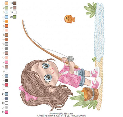 Baby girl fishing embroidery design - Fisherman girl machine embroidery pattern - Children toddler playing sun grass file - Instant download (Copy)