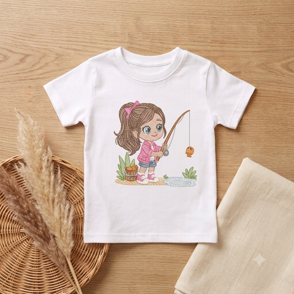 Baby girl fishing embroidery design - Fisherman girl machine embroidery pattern - Children toddler playing sun grass file - Instant download (Copy)
