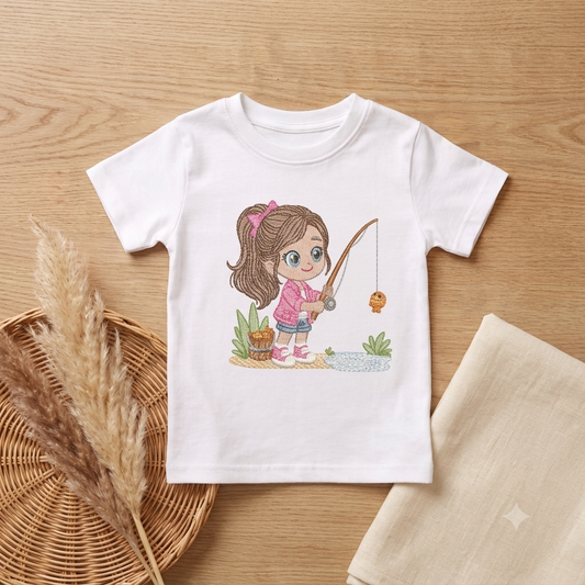Baby girl fishing embroidery design - Fisherman girl machine embroidery pattern - Children toddler playing sun grass file - Instant download (Copy)