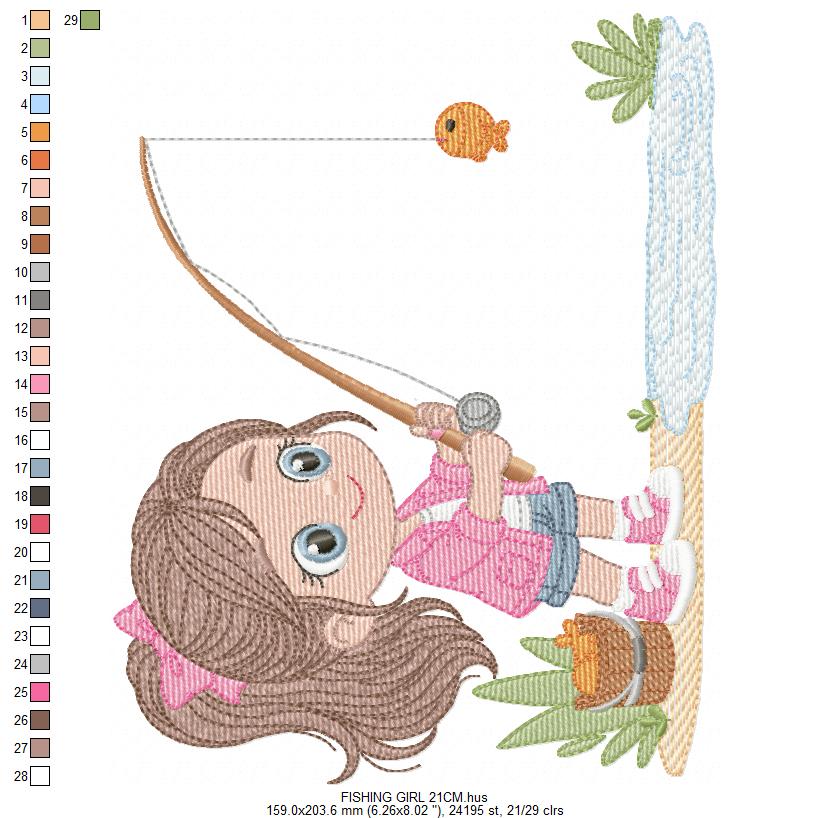 Baby girl fishing embroidery design - Fisherman girl machine embroidery pattern - Children toddler playing sun grass file - Instant download (Copy)