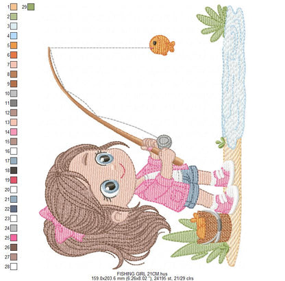 Baby girl fishing embroidery design - Fisherman girl machine embroidery pattern - Children toddler playing sun grass file - Instant download (Copy)