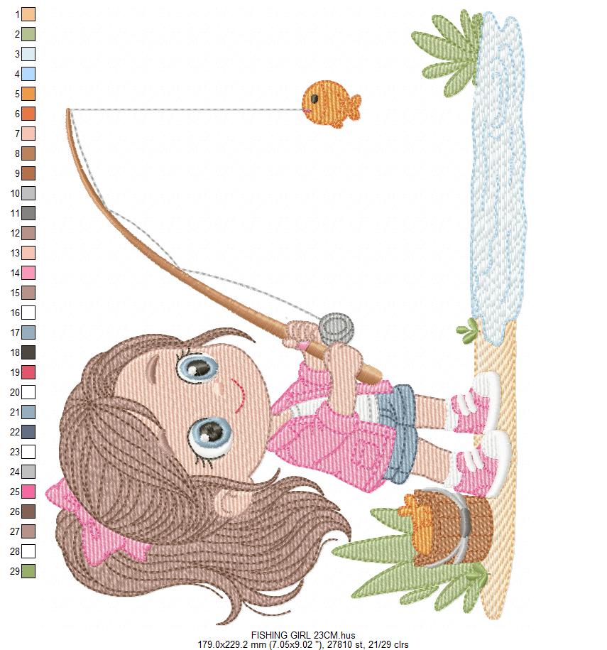 Baby girl fishing embroidery design - Fisherman girl machine embroidery pattern - Children toddler playing sun grass file - Instant download (Copy)