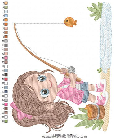 Baby girl fishing embroidery design - Fisherman girl machine embroidery pattern - Children toddler playing sun grass file - Instant download (Copy)